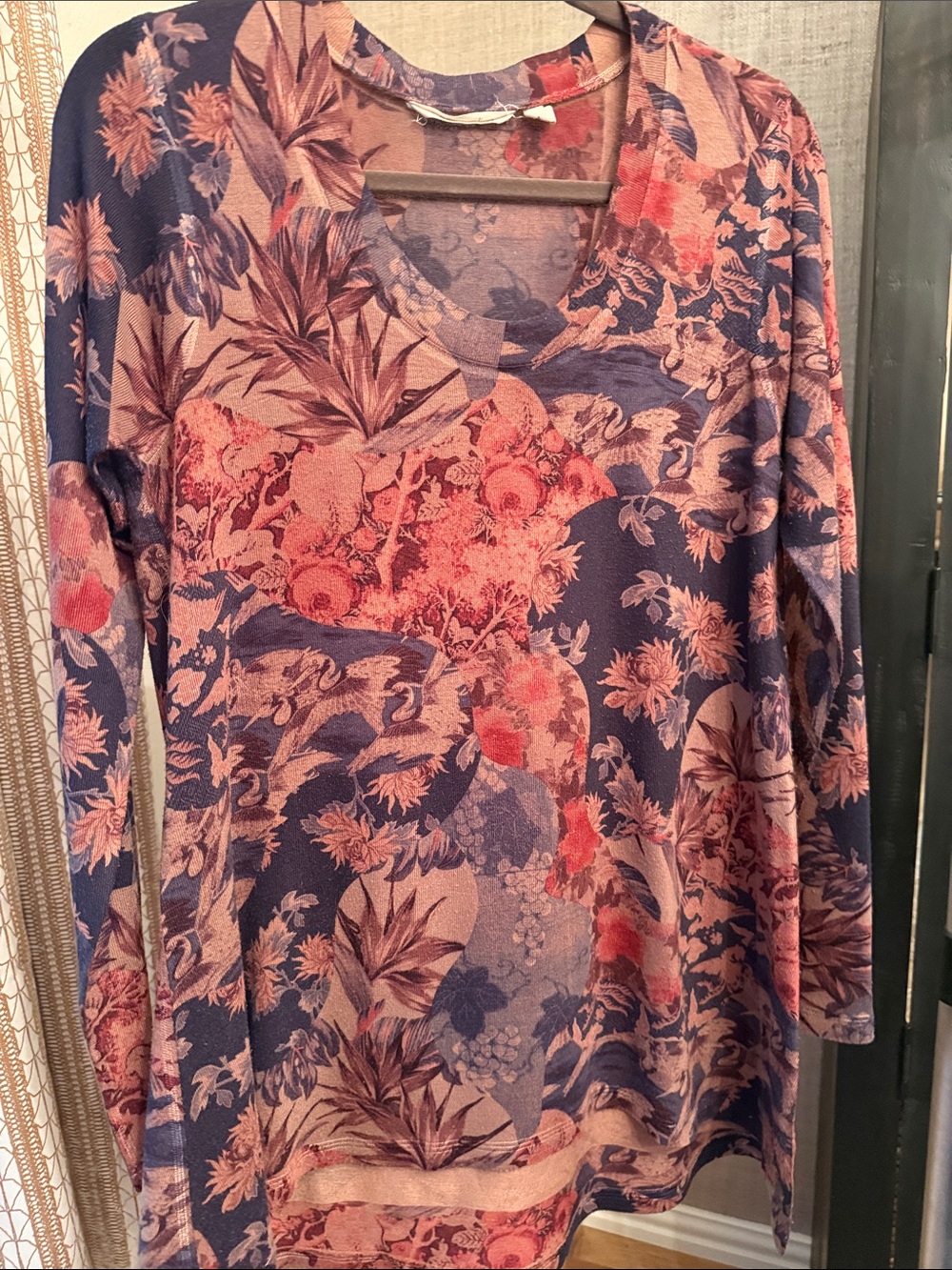 Soft Surroundings Navy and Pink Floral V-Neck Long Sleeve Top